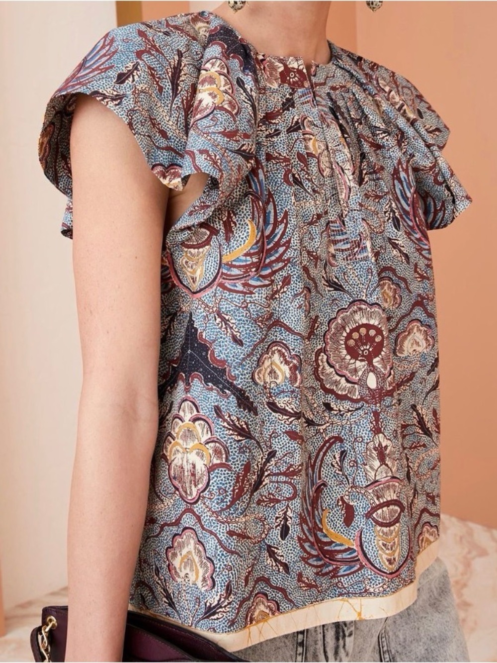 Ulla Johnson Inez blouse Print Flutter Blue and Maroon